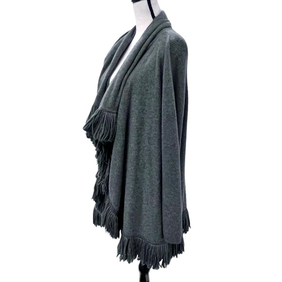 CATHERINE MALANDRINO GRAY WOOL & CASHMERE RIBBED KNIT OPEN CARDIGAN WITH FRINGE - Picture 9 of 13